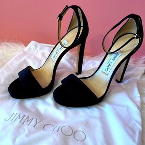 Jimmy Choo Black Suede 4” ankle strap, open toe heel. Euro size 37.